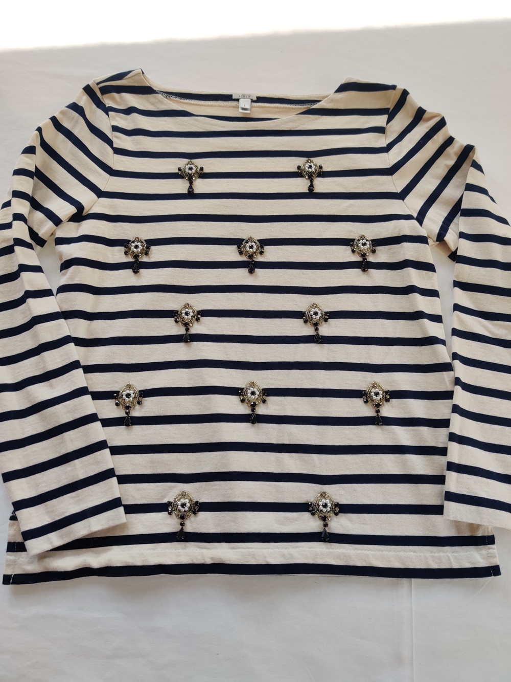 J Crew Cream Striped Jewel-Accent Long Sleeve Top
